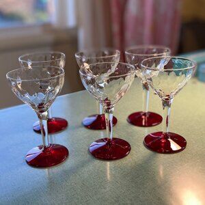 Set of Six Antique Cranberry Glass Base Champagne Glasses